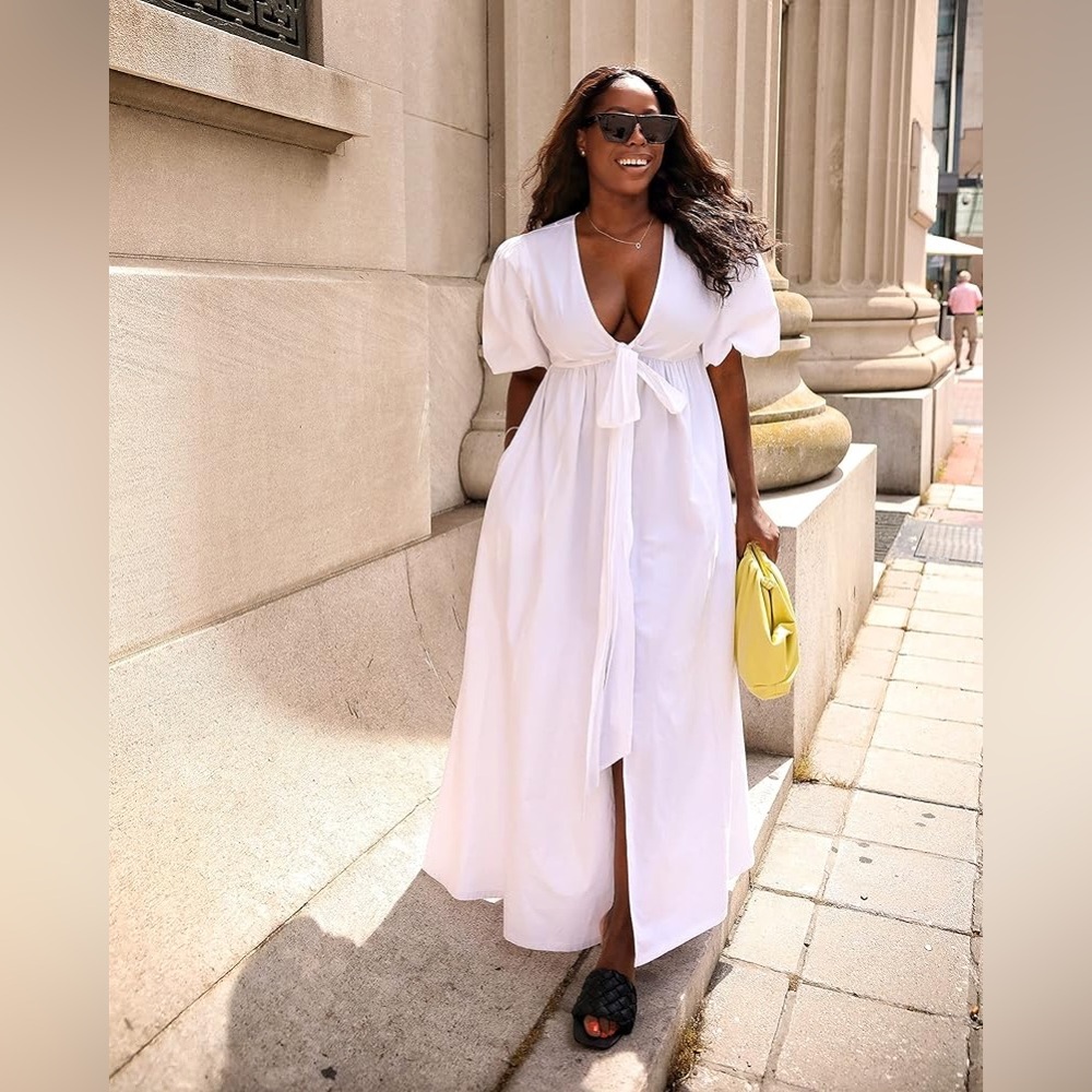 The Drop x Highlowluxxe White Puff Sleeve Front Bow Button Down Maxi Dress
